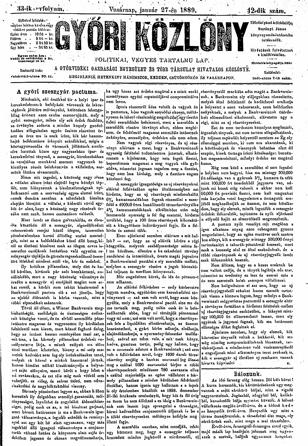Győri Közlöny 1889. január 27. - Egész oldalas cikk a Wiener Bankverein-nel létrejött szerződésről